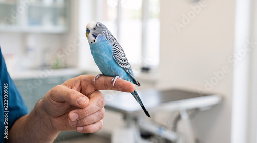 Close-up of blue and white parakeet sitting on vet's fingertip in animal hospital exam room