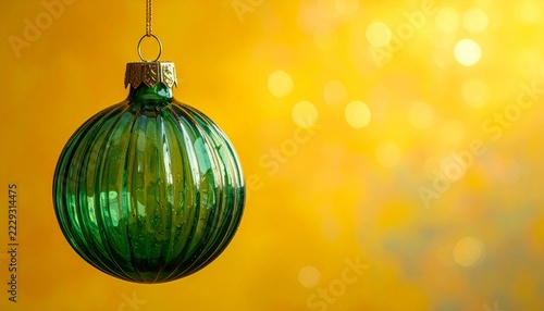 vintage green ribbed glass christmas bauble ornament on yellow background2