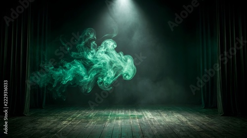 Ethereal Green Smoke Floating on a Dark Theatrical Stage