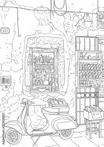 Vintage Scooter Parked in front of a European Wine Shop coloring page