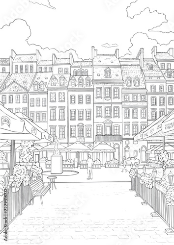 European Street and Town Square Scene Coloring Pages