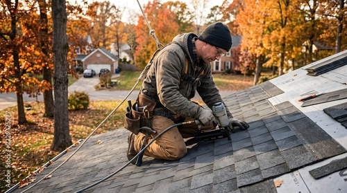 Home Maintenance Contractor Repairing Roof Shingles During Autumn