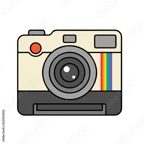 Vintage analog film camera vector illustration with rainbow stripe isolated on white background