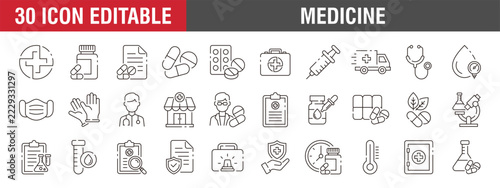 Collection of medicine icons. Pharmacy, doctor, healthcare. Vector template with editable strokes, EPS 10.