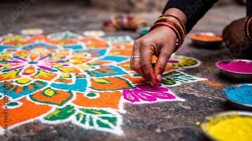 Closeup of hands creating colorful traditional rangoli art on ground