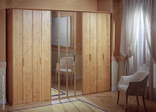 Single shot photo of a room with a wardrobe
