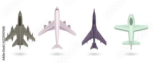 Set of top view illustrations of various military and passenger aircraft transparent background