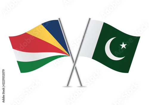 Seychelles and Pakistan crossed flags on a white background. Vector illustration.