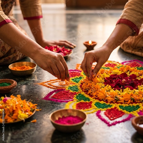 Close-up: the hands of young Indian women creating a colorful floral pattern on the floor during a celebration—a traditional cultural art form used in pre-holiday marketing