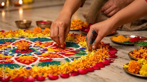 Close-up: the hands of young Indian women creating a colorful floral pattern on the floor during a celebration—a traditional cultural art form used in pre-holiday marketing