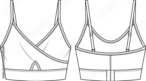 Technical flat sketch of wrap front bralette with keyhole cutout, adjustable straps and back hook closure front and back view
