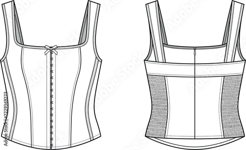 Women’s Corset Style Tank Top Technical Flat Sketch Front and Back View Fashion Apparel Vector Template