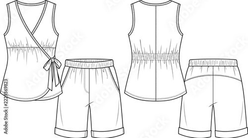 Womens Wrap Top and Cuffed Shorts Set Technical Flat Sketch Front and Back View Fashion Design Template Vector