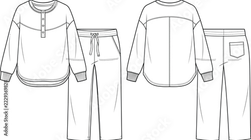 Womens Henley Top and Drawstring Pants Loungewear Set Technical Flat Sketch Front and Back View Vector