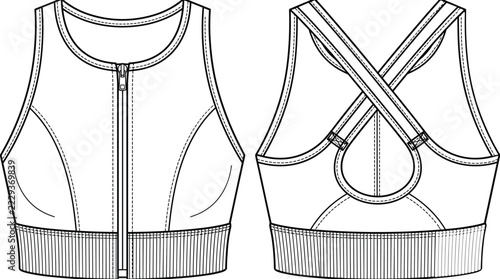 Zip Front Sports Bra Crop Top Flat Sketch with Criss Cross Back Straps Front and Back View Technical Drawing
