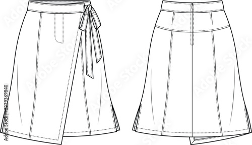 Wrap Style A Line Midi Skirt Flat Sketch with Side Tie Waistband and Back Zipper Front and Back View Technical Drawing