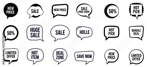Set of hand drawn speech bubbles with sale and discount text for retail marketing and promotional advertising