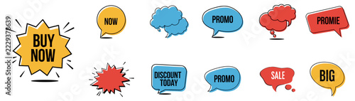 Collection of colorful speech bubbles and sale tags with promotional text for marketing and retail design