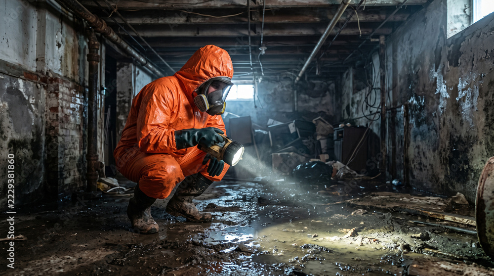 Obraz premium An inspector in an orange protective suit and a gas mask examines a damp, dark basement filled with dirty water and mud, assessing the spread of mold and the risks associated with toxic biological