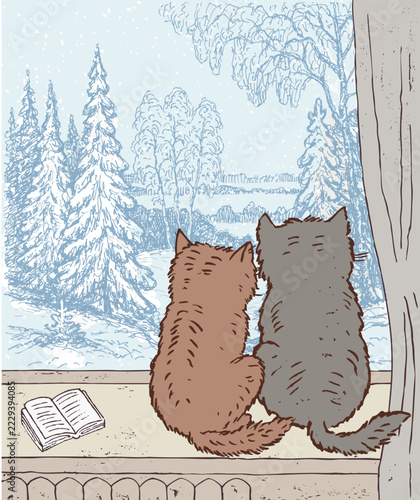 Two domestic cats looking snowfall by window, hand drawn vector illustration