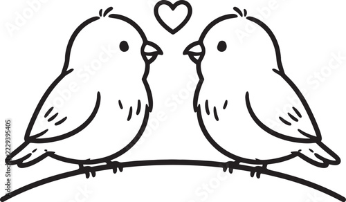 Fotografie Two lovebirds with a heart on a branch