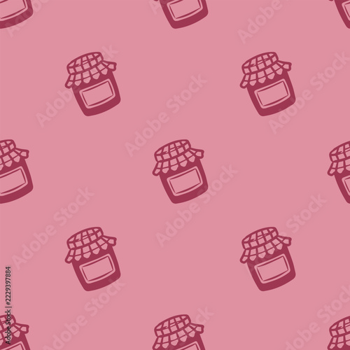 Sweet Fruit Jam Jar Pink Seamless Pattern. Hand drawn preserve glass jar repeat pattern on soft pink background for cozy kitchen decor.