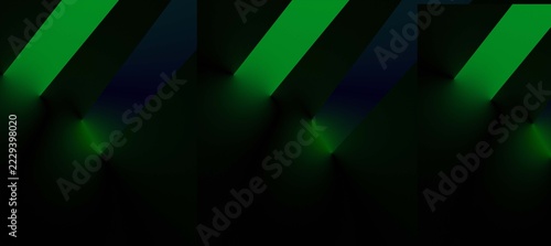 Dark abstract background with glowing neon green light rays
