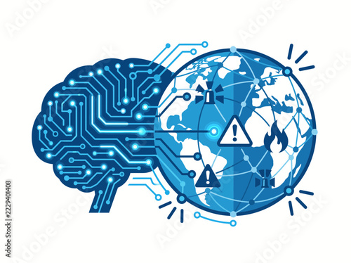 Artificial intelligence brain connected to a global network map representing worldwide technological advancement, information exchange, cyber security awareness, and interconnected planetary