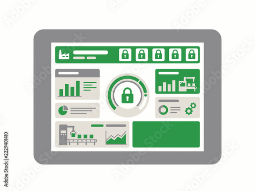 A digital tablet displays an industrial manufacturing dashboard featuring security locks, process charts, operational metrics, production lines, and efficiency indicators for smart factory