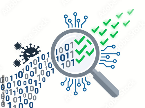 A magnifying glass analyzes binary code transforming dangerous malware threats into verified green checkmarks representing advanced cybersecurity software protection protocols for systems