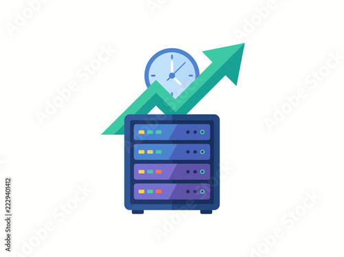 Data server performance analytics with upward financial growth arrow and clock symbol representing efficient database management system operations for business technology infrastructure upgrades