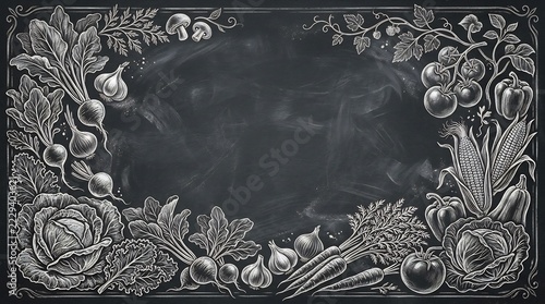 World Vegan Day chalkboard frame with hand-drawn organic vegetables, vintage chalk sketch border, blank copy space for restaurant menu or vegan diet banner.