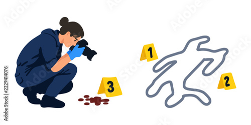 Obraz na plátně Detective woman crouching with camera photographing crime scene evidence markers