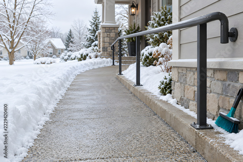 Sturdy handrail beside cleared winter walkway to house