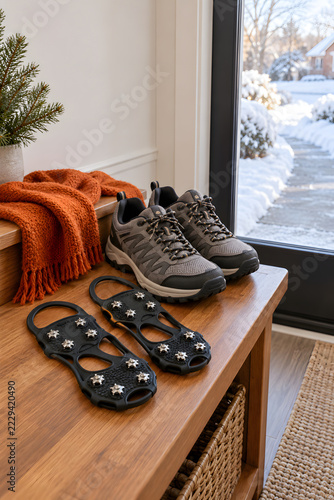 Detachable ice traction cleats ready beside shoes at winter door