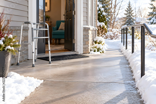 Walker beside clear snow free path at accessible home entrance