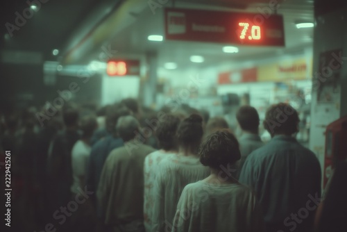 A queue at a gas station on a rainy night in dim light.