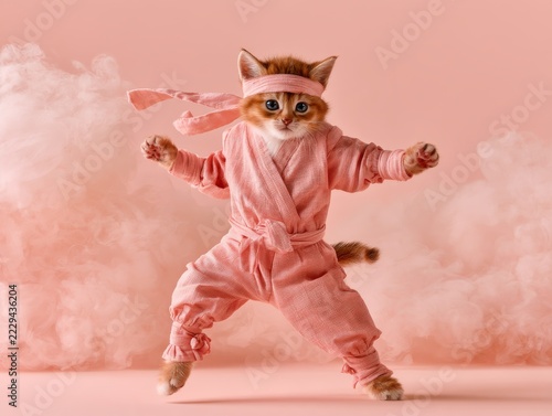 A cute baby kitten with little paws, stretched out in playful kung fu pose