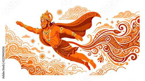 Fotografie Mythological Monkey Man Flying with Orange Cape Isolated
