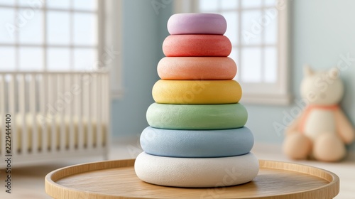 Rainbow Stacker Toy: A vibrant wooden ring stacker toy, displaying a spectrum of pastel colors, sits on a wooden table in a nursery room.