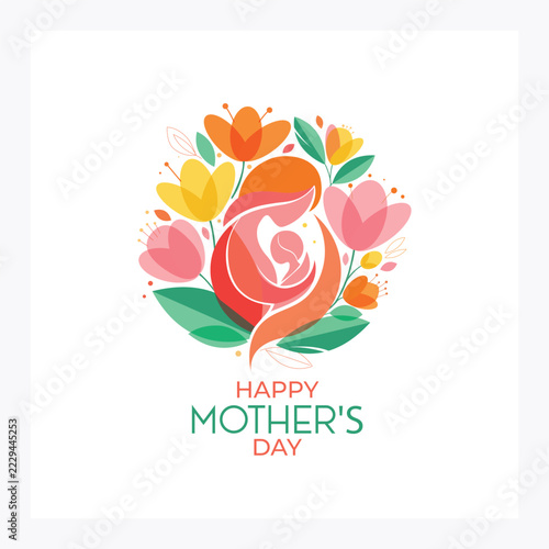 Abstract Mother and Child Floral Emblem Vector for Happy Mother's Day Card Design