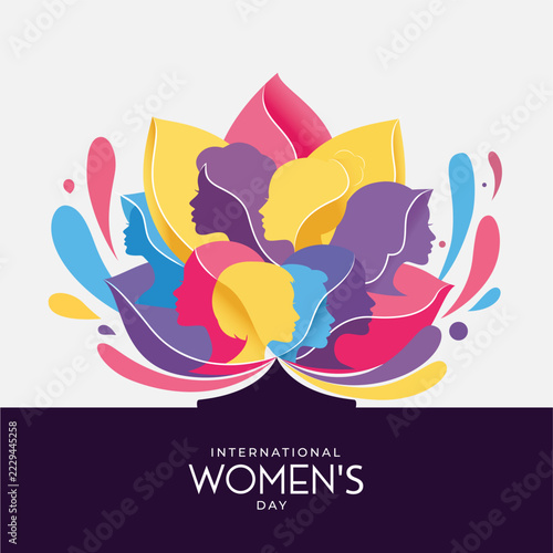Colorful Diverse Women Faces Silhouette in Blooming Lotus for International Women's Day Banner