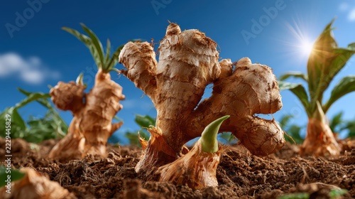 Ginger Root Cultivation: A close-up shot reveals the textured surface of a ginger root emerging from the soil, surrounded by its vibrant green shoots, under a bright sunny sky.