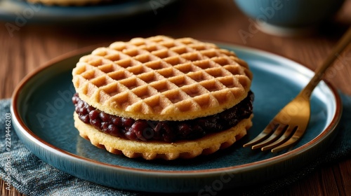Waffle Cookie Sandwich Delight: A delectable waffle cookie sandwich filled with a rich, dark paste, presented on a ceramic plate with a golden fork, showcasing a sweet and satisfying treat.
