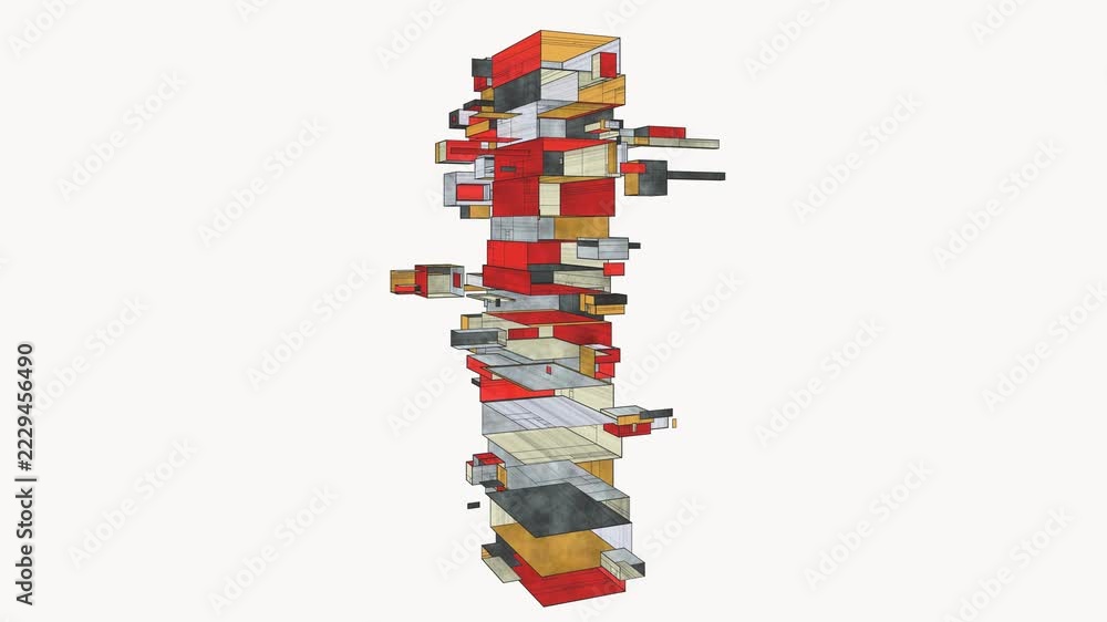Architectural modular blocks assemble vertically in a clean 3D ...