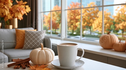 Warm beverage and seasonal decor create a cozy atmosphere by the window overlooking autumn foliage.