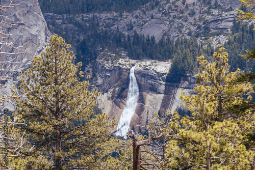 Scenic view of Nevada Fall framed by pine trees in Yosemite National Park