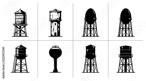 Water tower silhouettes set with industrial storage tanks for water supply, urban infrastructure and engineering