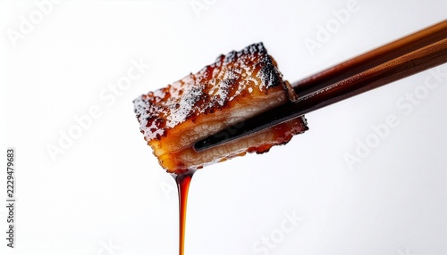 Grilled freshwater Eel Kabayaki with teriyaki sauce dripping from chopsticks, isolated on white background for Japanese cuisine concepts