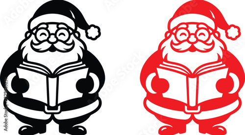 Santa claus figure holding a book while standing in festive winter clothing with christmas literature celebration character illustration seasonal whimsical cheerful